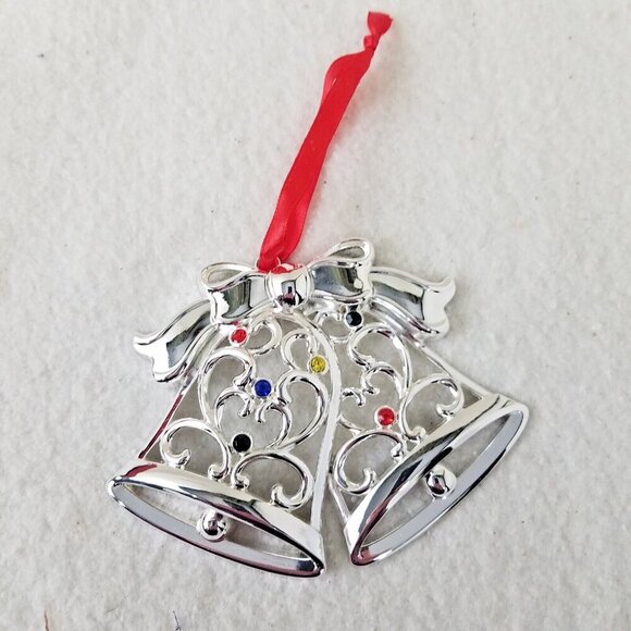 LENOX Sparkle and Scroll Multi Crystal Silver Plate bells holiday Christmas NIP - Picture 1 of 5